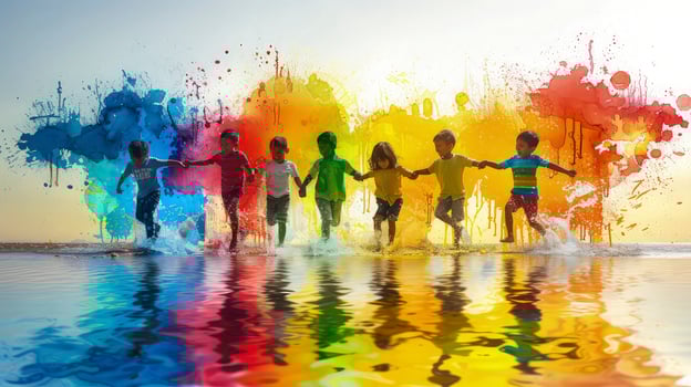 Children holding hands in front of colorful paint splashes photo