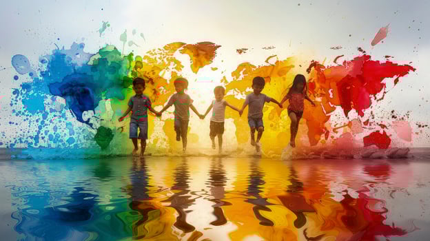 Children holding hands in front of a colorful splash of paint photo