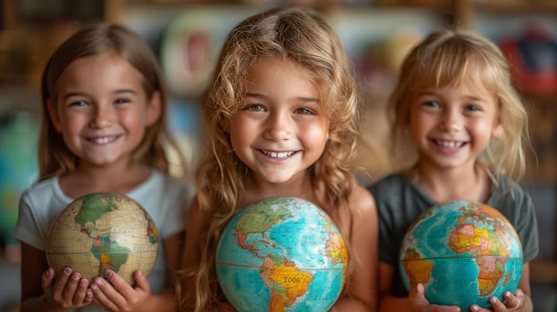 Three children holding globe in their hands photo