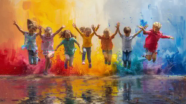 A painting of children jumping in the air with colorful paint photo