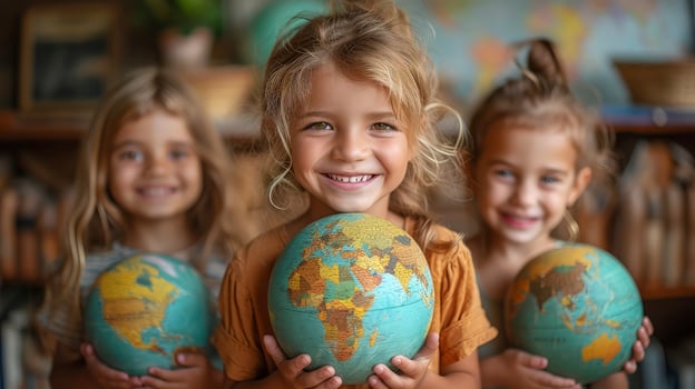 Three children holding up a globe photo