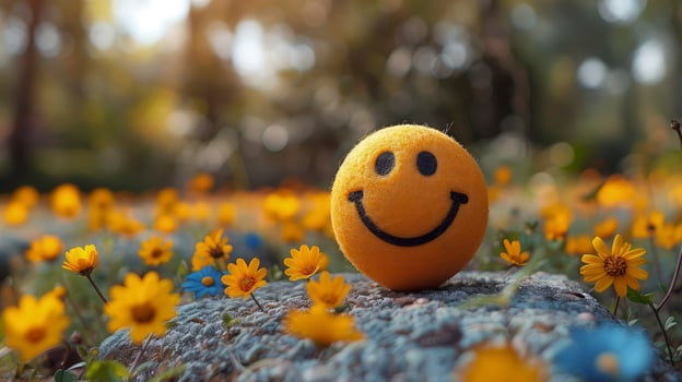 A smiley face is sitting on a rock surrounded by flowers photo