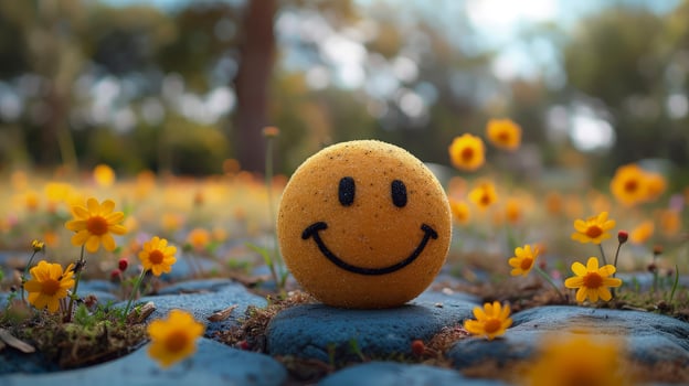 A smiley face is sitting on a rock in a field of yellow flowers photo