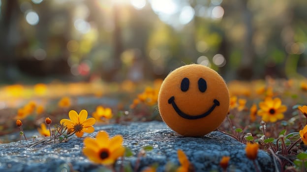 Smiley face on the ground in a field of yellow flowers photo
