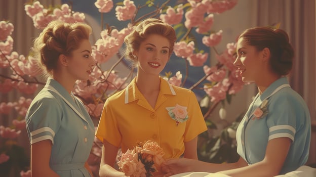 Three women in blue and yellow uniforms are standing in front of a tree photo