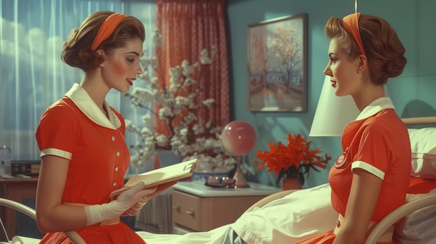 Two women in red uniforms sitting in a hospital bed photo