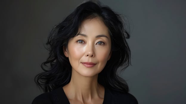 An asian woman with black hair and dark eyes photo