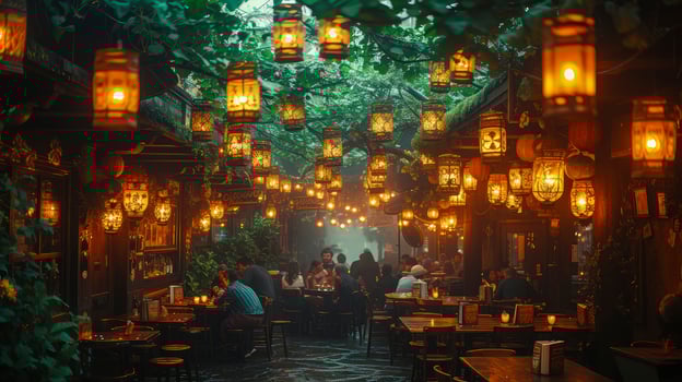 A restaurant with lanterns hanging from the ceiling photo