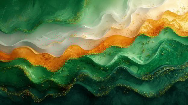 An abstract painting of waves and green and gold colors photo