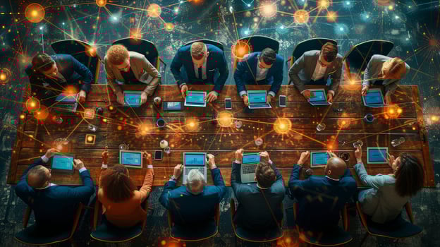 Business people sitting at a table with tablets and network connections photo