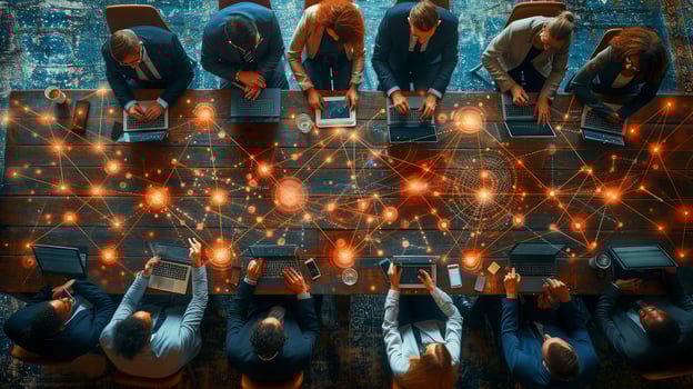 Business people sitting at a table with laptops and network connections photo