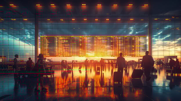 People walking through an airport terminal at sunset photo