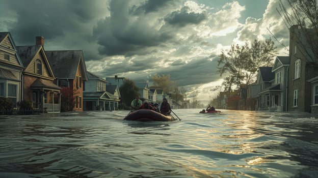 A flooded street with a boat in the water photo