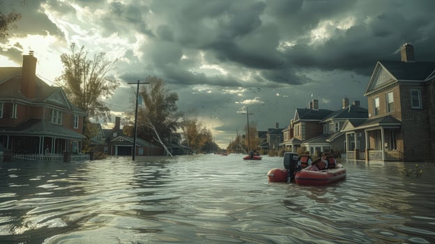 Flooding in a residential area with people in boats photo