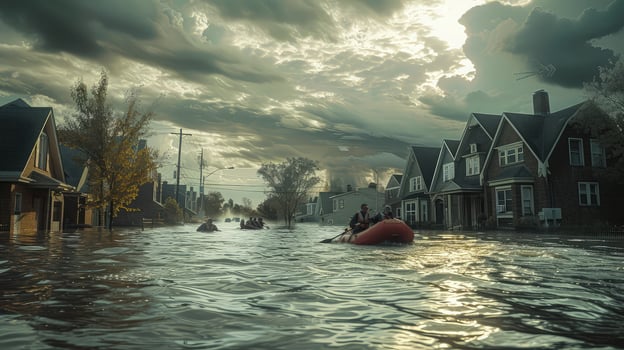 A flooded street with people in a boat photo