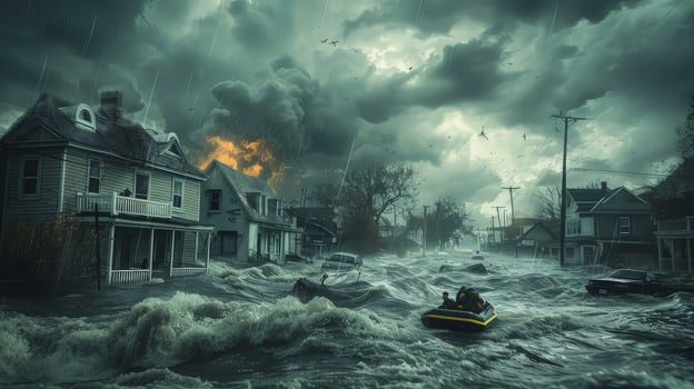 A boat is in the middle of a flooded street photo