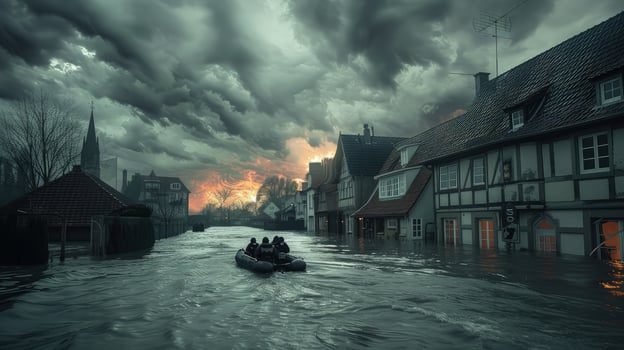 A boat is in a flooded street with buildings photo