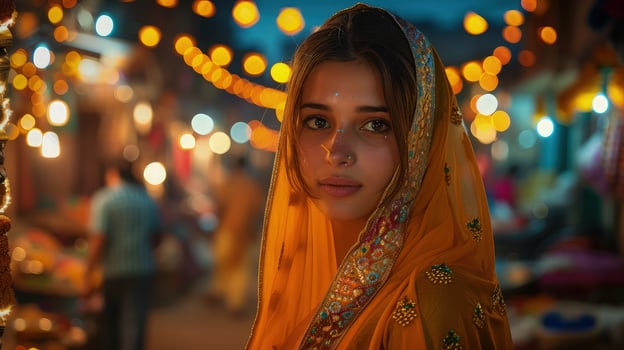 A graceful woman dressed in a vibrant orange sari standing elegantly photo