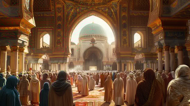 The people are standing in a large mosque photo