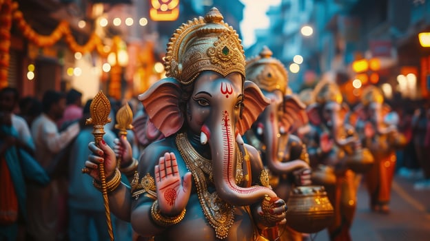A group of statues of ganesha in a street photo