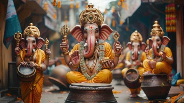 A group of statues of ganesh in a street photo