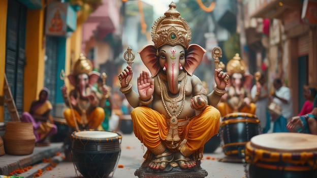 An elephant statue is sitting on the street with drums photo
