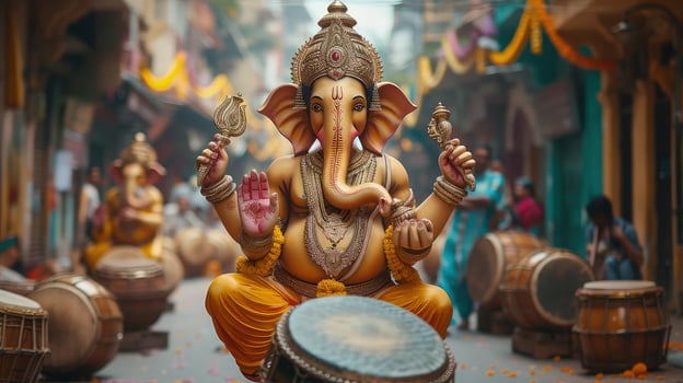 Ganesh statue becoming the focal point in a lively urban street photo