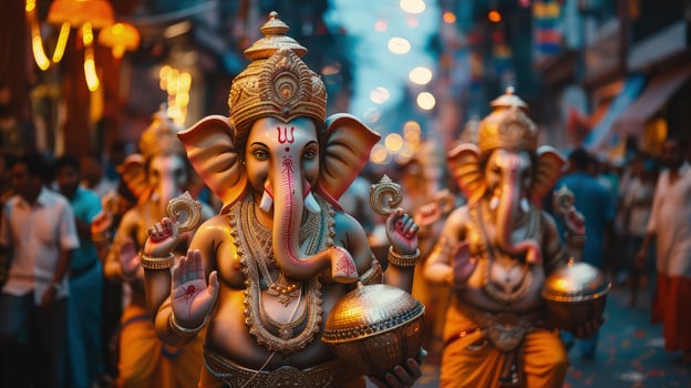 The ganesh idol is walking down the street photo