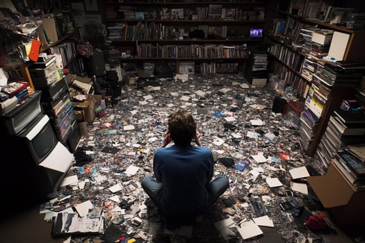 A man sitting on the floor surrounded by a pile of electronics photo