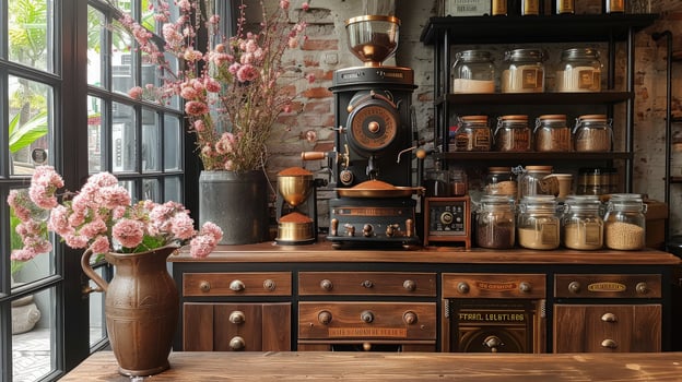 A coffee maker and some jars on a wooden table photo
