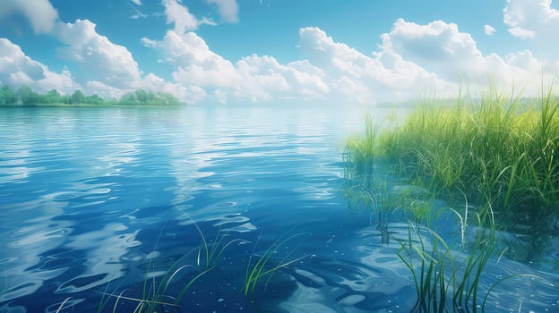 A beautiful lake with grass and water photo
