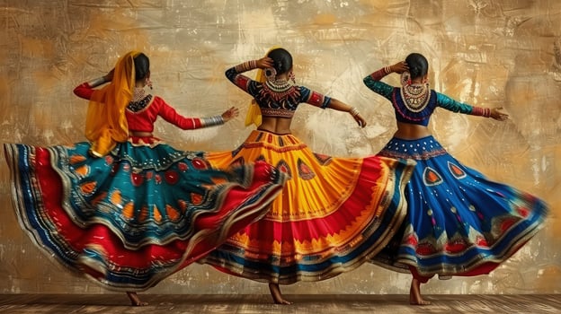 Dance colorful costumes Indian women dynamic motion. photo