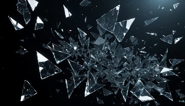 Flying Glass Shards on Black Background Reflecting Light with Sharp Edges photo