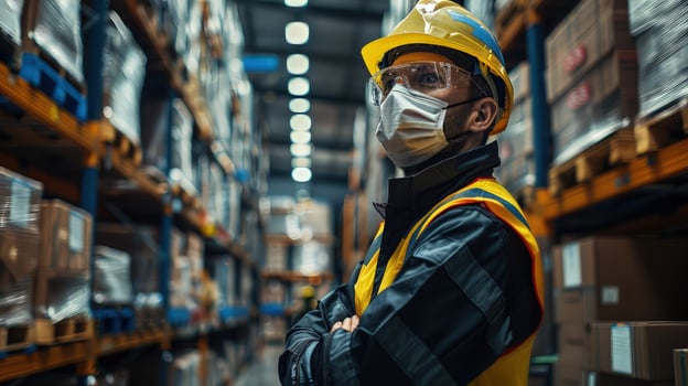 A worker wearing a mask and safety glasses in a warehouse photo