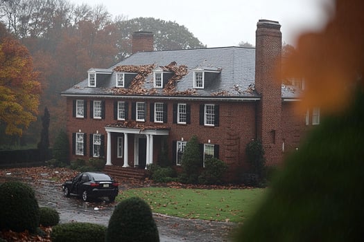 A car is parked in front of a large house photo