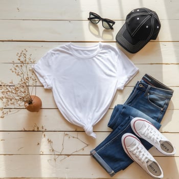 A casual outfit is neatly arranged on a light wooden floor, featuring a white knotted t-shirt, blue jeans, white sneakers, a black cap, and sunglasses. photo