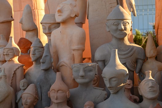 Charming collection of clay figurines depicting ancient cultures in the warm glow of sunset at a local artisan market photo