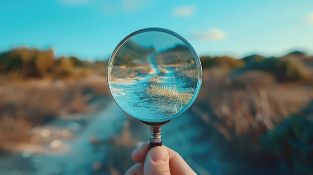 A person holding a magnifying glass over a field photo