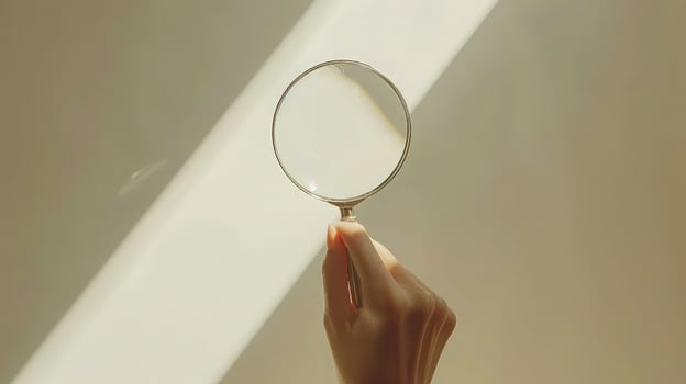A person holding a magnifying glass over a white surface photo