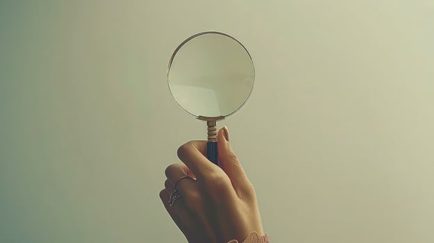 White background hand with magnifying glass exploring. photo