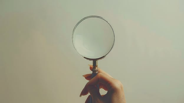 White background hand with magnifying glass. photo