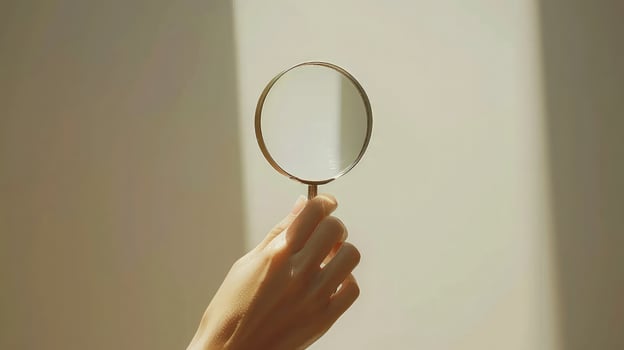 Woman hand magnifying glass on white background. photo