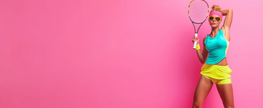 A confident woman holds a tennis racket while posing against a vibrant pink background. She wears sporty attire, showcasing her athleticism and style, suggesting a lively and energetic atmosphere. photo