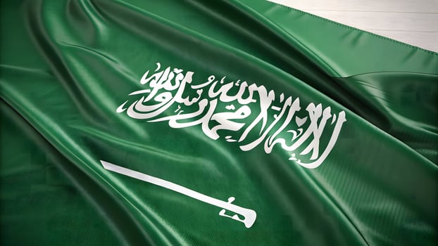 Waving Saudi Arabia flag in smooth shiny fabric green and white with Arabic inscription in high quality 3D photo