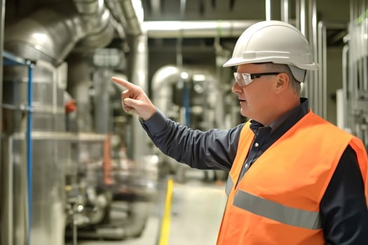 Supervisor pointing at industrial pipeline in factory photo