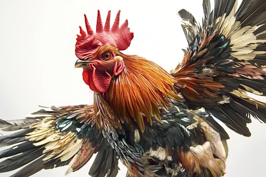 Colorful rooster flapping wings on white background photo