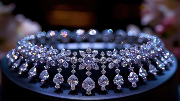 An elegant display of a diamond necklace captured through close-up imagery photo