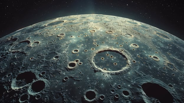 A dramatic aerial shot showcasing the Moon's barren and rugged landscape photo