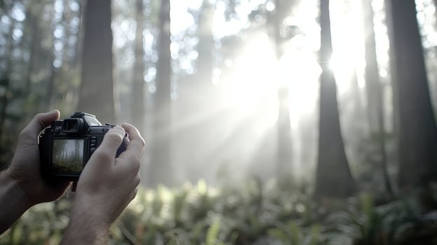 Person Photographing Sunlit Woodland Scene Warm Light Through Tall photo