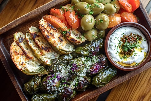 Wooden tray presenting stuffed grape leaves, grilled cheese, tomatoes, olives photo